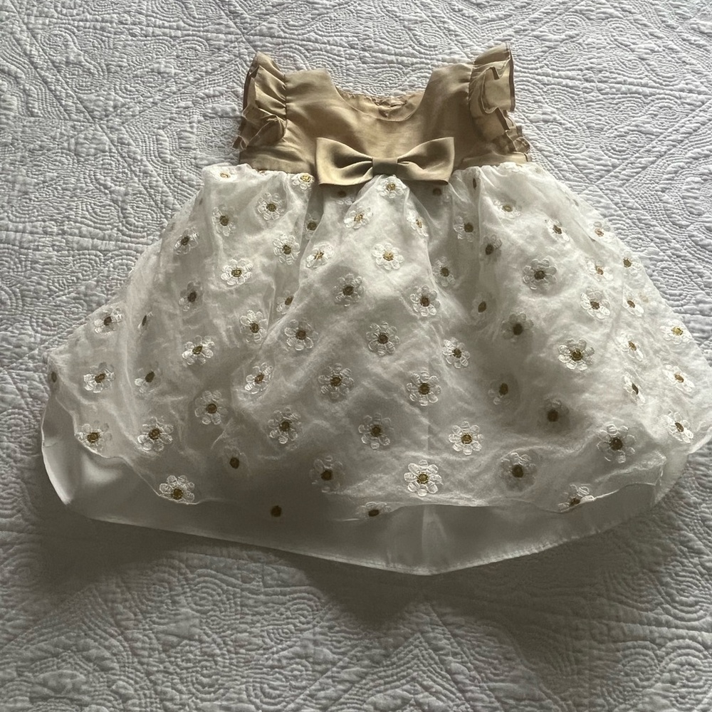 Pastourelle Gold Satin Baby Dress with Floral Accents